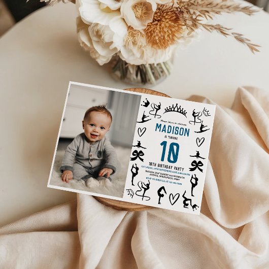 Girls Modern Black Gymnastics Kids 10th Birthday 招待状