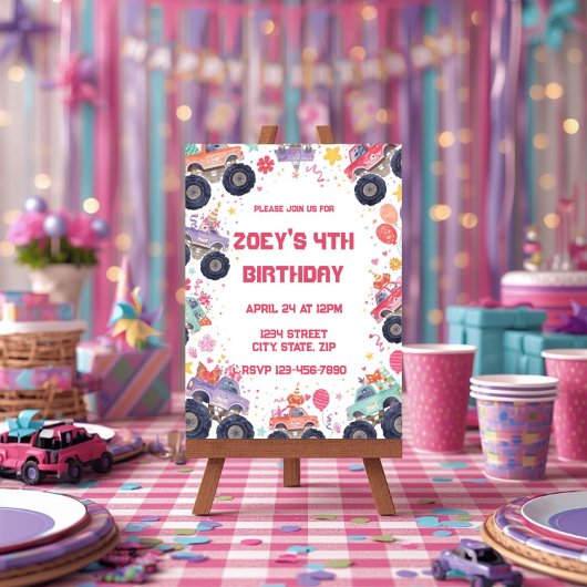Girls Monster Truck Birthday Invitation Pink 招待状
