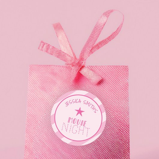 Girls Movie Night Personalized Pink Star Party ラウンドシール