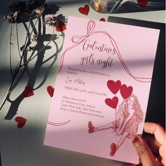 Girls Night Pink – Heart Balloons Galentine's Day 招待状