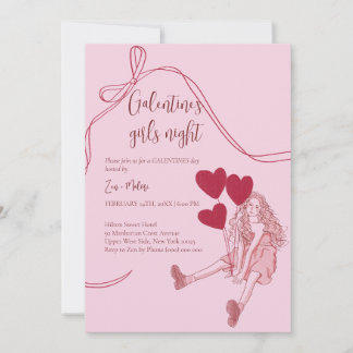Girls Night Pink – Heart Balloons Galentine's Day 招待状