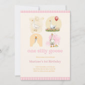 Girls One Silly Goose Pink First Birthday Gingham 招待状 (正面)