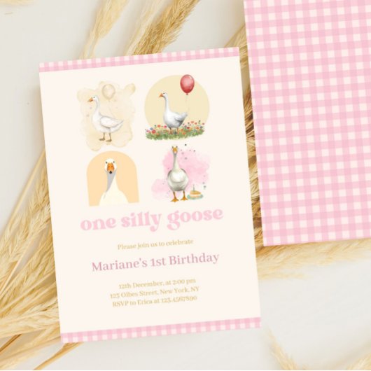 Girls One Silly Goose Pink First Birthday Gingham 招待状