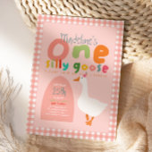 Girls One Silly Goose Pink Gingham First Birthday 招待状