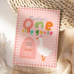 Girls One Silly Goose Pink Gingham First Birthday 招待状