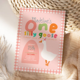 Girls One Silly Goose Pink Gingham First Birthday 招待状