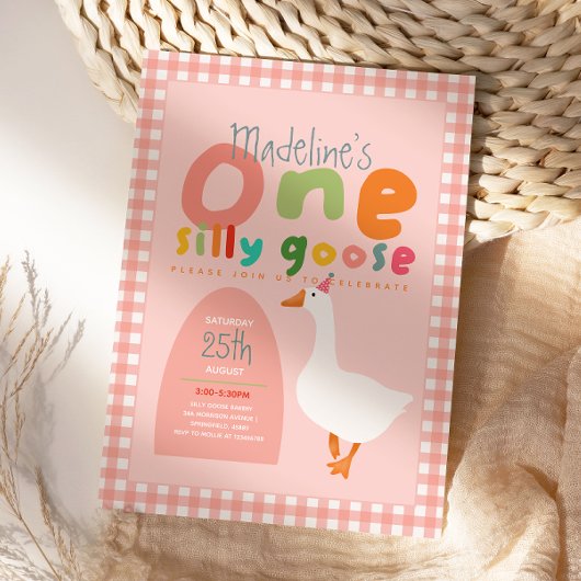 Girls One Silly Goose Pink Gingham First Birthday 招待状