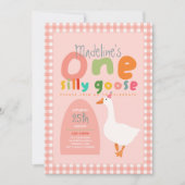 Girls One Silly Goose Pink Gingham First Birthday 招待状 (正面)
