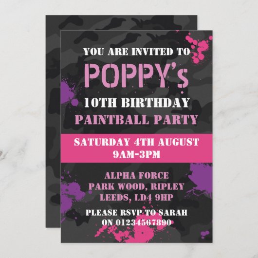 Girls Paintballをテーマにした誕生日パーティーの招待状 招待状 (正面/裏面)