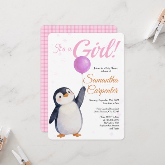 Girl's Penguin Pink Baloon Watercolor Baby Shower 招待状 (正面/裏面インサイチュ)