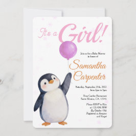 Girl's Penguin Pink Baloon Watercolor Baby Shower 招待状