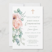 Girl's Pink and Sage Green Floral First Communion 招待状 (正面)
