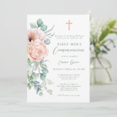 Girl's Pink and Sage Green Floral First Communion 招待状 (スタンド正面)