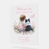 Girl's Pink Baby Shower Dog Themed Welcome アクリルサイン (傾斜)