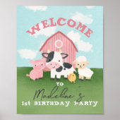 Girls Pink Barnyard Animal 1st Birthday Welcome  ポスター (正面)