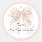 Girl's Pink Bow Floral First Communion ラウンドシール (正面)