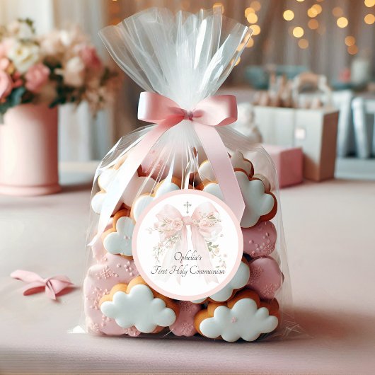 Girl's Pink Bow Floral First Communion ラウンドシール
