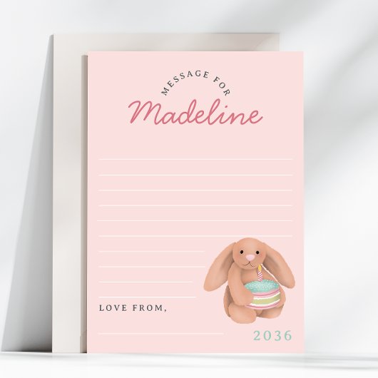 Girls Pink Bunny First Birthday Time Capsule Cards 招待状