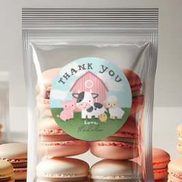 Girls Pink Farm Animal Barnyard Birthday Favor ラウンドシール
