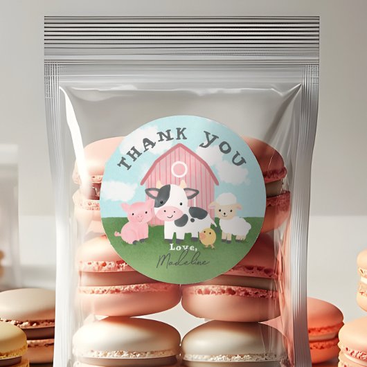 Girls Pink Farm Animal Barnyard Birthday Favor ラウンドシール