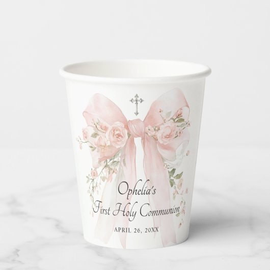 Girl's Pink First Communion Floral Bow 紙コップ (裏面)