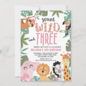 Girls Pink Green Young Wild Three 3rd Birthday 招待状 (正面)