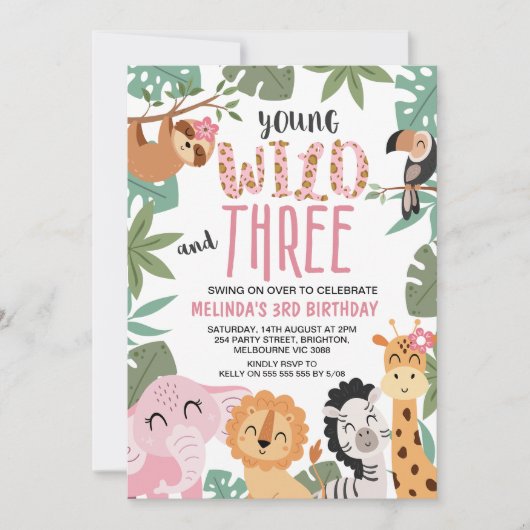 Girls Pink Green Young Wild Three 3rd Birthday 招待状 (正面)