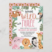 Girls Pink Green Young Wild Three 3rd Birthday 招待状 (正面/裏面)