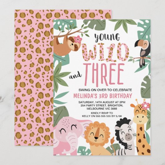 Girls Pink Green Young Wild Three 3rd Birthday 招待状 (正面/裏面)