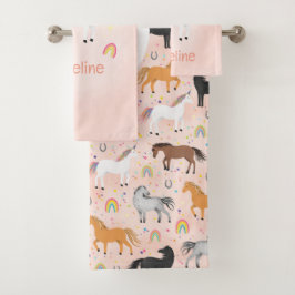 Girls Pink Horse Unicorn Rainbow Kids Monogram バスタオルセット