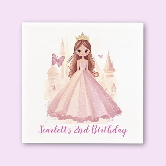 Girls Pink Princess Personalised Party Napkin スタンダードカクテルナプキン