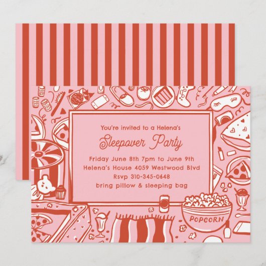 Girls Pink Red Sleepover Birthday Party 招待状 (正面/裏面)