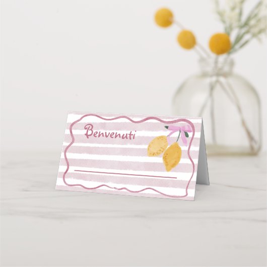 Girls Pink Stripes Lemon Watercolor Name プレイスカード (正面)