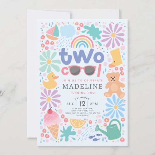 Girls Pink Two Cool Summer Splash Second Birthday 招待状 (正面)