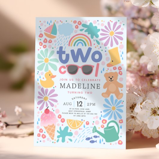 Girls Pink Two Cool Summer Splash Second Birthday 招待状