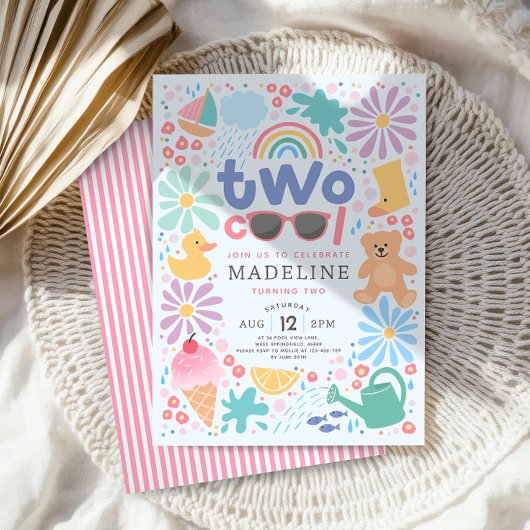 Girls Pink Two Cool Summer Splash Second Birthday 招待状