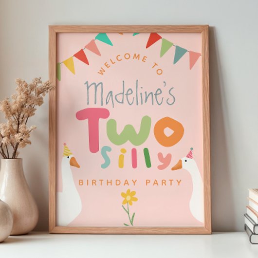 Girls Pink Two Silly Goose 2nd Birthday Welcome ポスター
