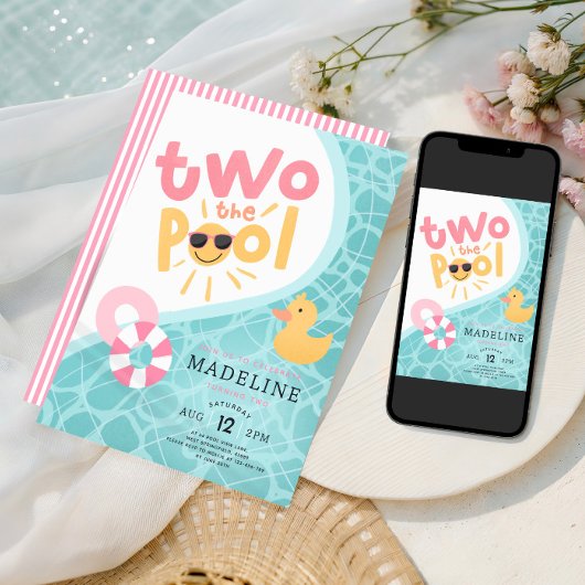 Girls Pink Two The Pool Summer Splash 2nd Birthday 招待状