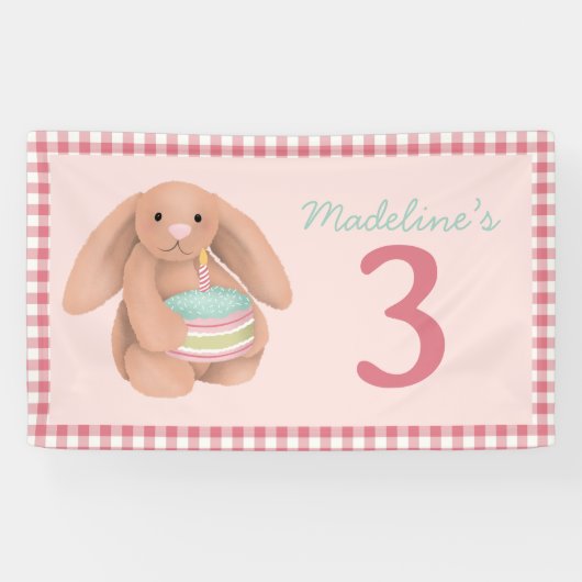 Girls Pink Woodland Bunny Birthday Sign 横断幕 (横)