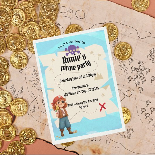 Girls Pirate Map Birthday Party Invitation 招待状