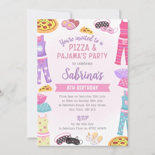 Girls Pizza & Pajama Party Invite - Sleepover Fun 招待状 (正面)