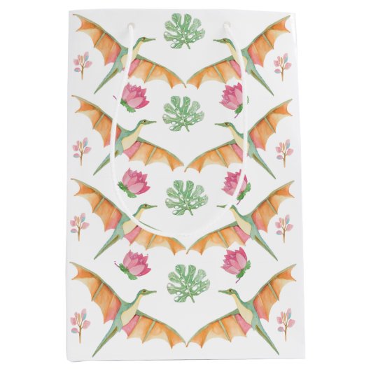 Girls Pretty Dinosaur Birthday Gift Bag   ミディアムペーパーバッグ (正面)