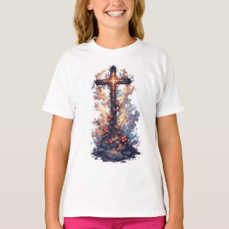 Girl's Pretty Floral Christian Cross Tee Shirt Tシャツ