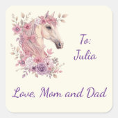 Girls Pretty Ponies Pastel Floral Horse スクエアシール (正面)
