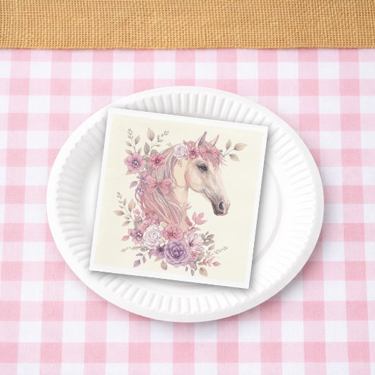 Girls Pretty Ponies Pastel Floral Horse スタンダードランチョンナプキン