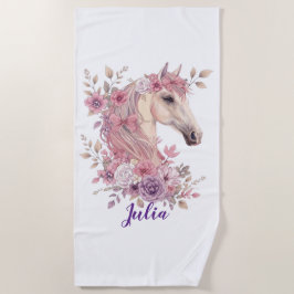 Girls Pretty Ponies Pastel Floral Horse ビーチタオル