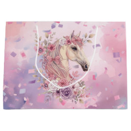 Girls Pretty Ponies Pastel Floral Horse ラージペーパーバッグ