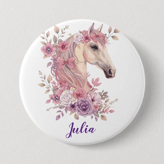 Girls Pretty Ponies Pastel Floral Horse 缶バッジ (正面)