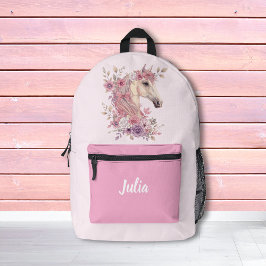 Girls Pretty Ponies Pastel Floral Horse Backpack プリントバックパック