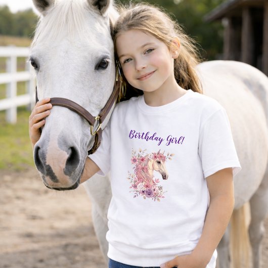 Girls Pretty Ponies Pastel Floral Horse Birthday Tシャツ